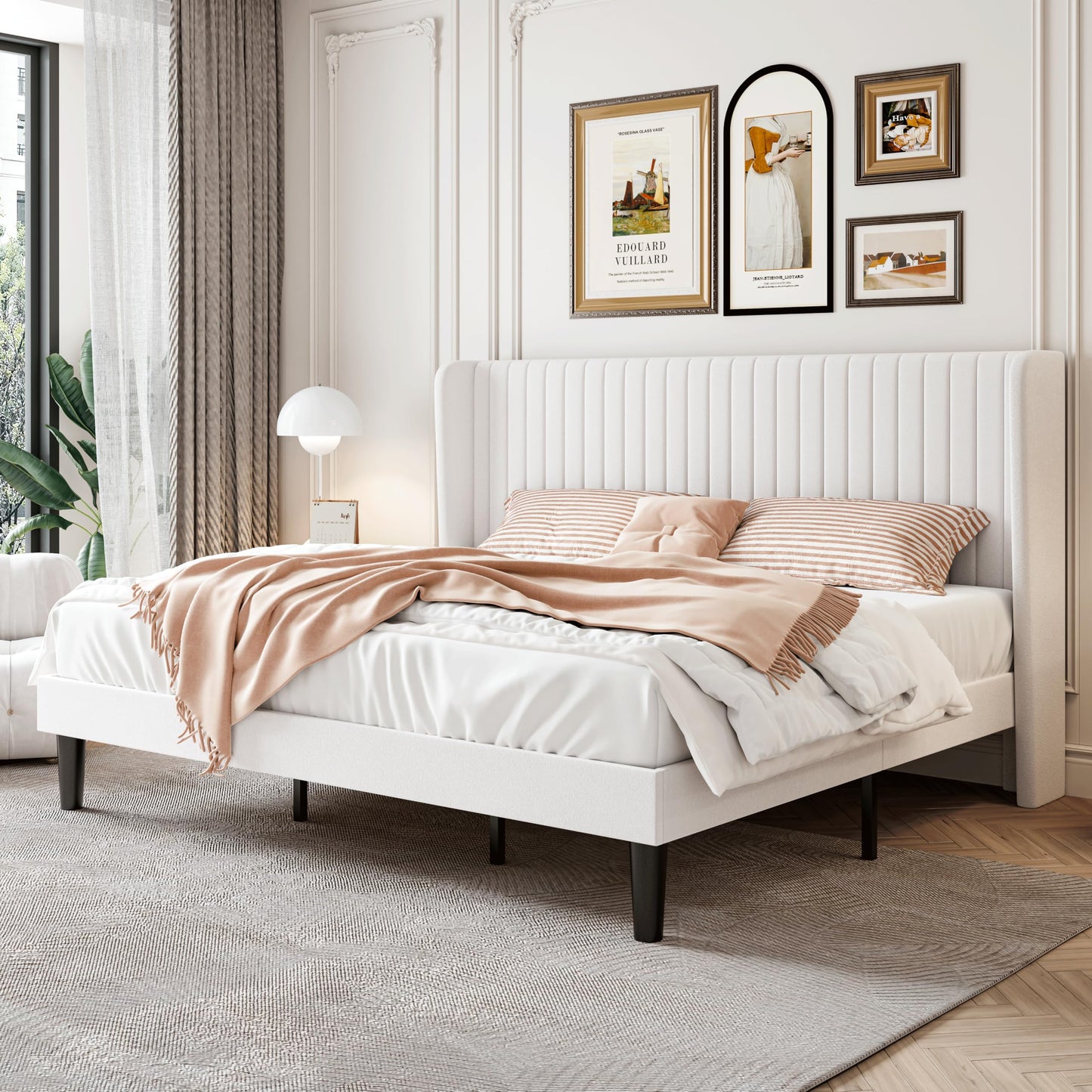 SHA CERLIN King Size Velvet Bed Frame with Vertical Channel Tufted Wingback Headboard, Upholstered Platform Bed with Wood Slats, No Box Spring Needed, Easy Assembly, White