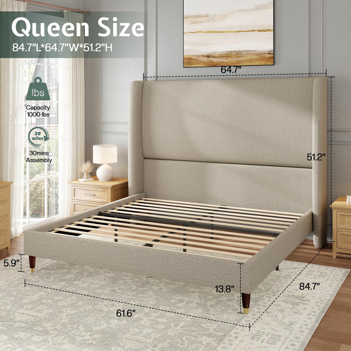 Jocisland Queen Size Bed Frame 51.2" Wingback Headboard Linen Upholstered Platform Bed,Solid Wood Legs & Wooden Slats,No Box Spring Needed,Noise-Free,for Family Guest Room Cozy Home,Brown