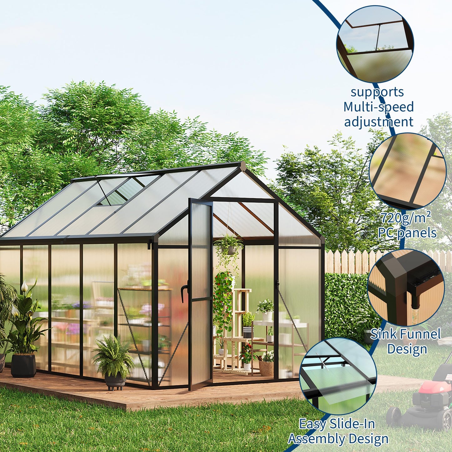 6x10 ft Walk-in Greenhouse, Polycarbonate Panels with Reinforced Aluminum Frame, Large Garden Green House for Planting and Seed Starting, Quick-Assembly Structure with Adjustable Roof Vent