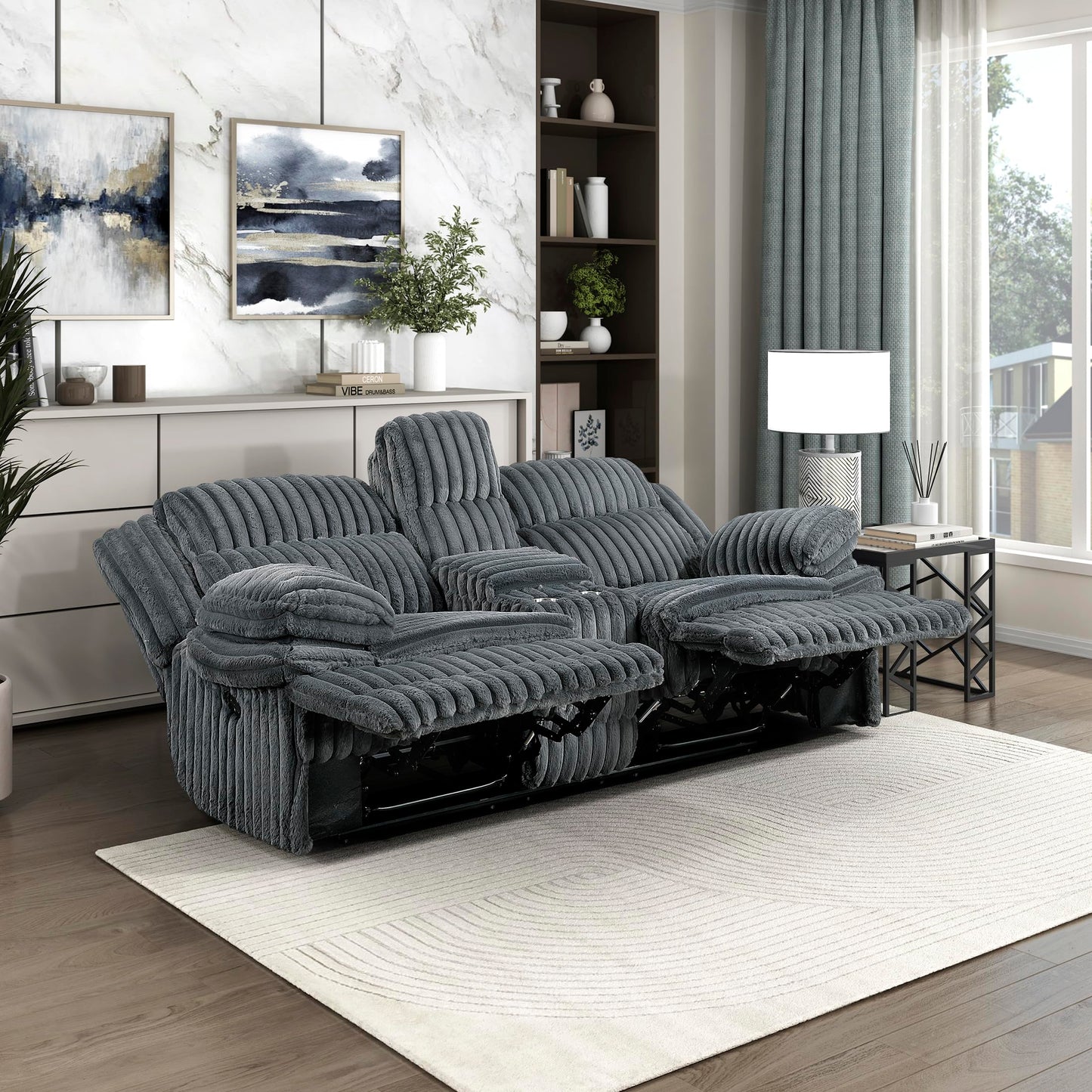 Lexicon Manual Double Reclining Loveseat with Center Console, Corduroy Manual Wall Hugger Recliner Couch, Pillow Top Arms, Cup Holders, Hidden Storage, Cozy Loveseat for Living Room, Dark Gray