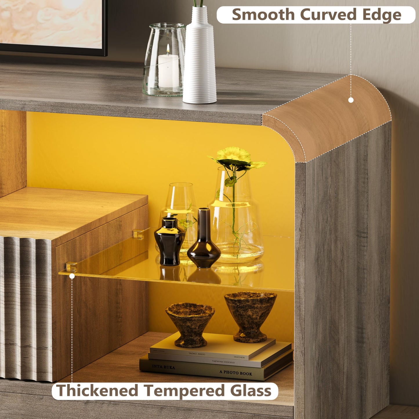 ANYMAPLE TV Stand for 60/65/70 Inch TVs, Modern Curved TV Console with LED Lights, 2 Drawers & Glass Shelves, Living Room Entertainment Center