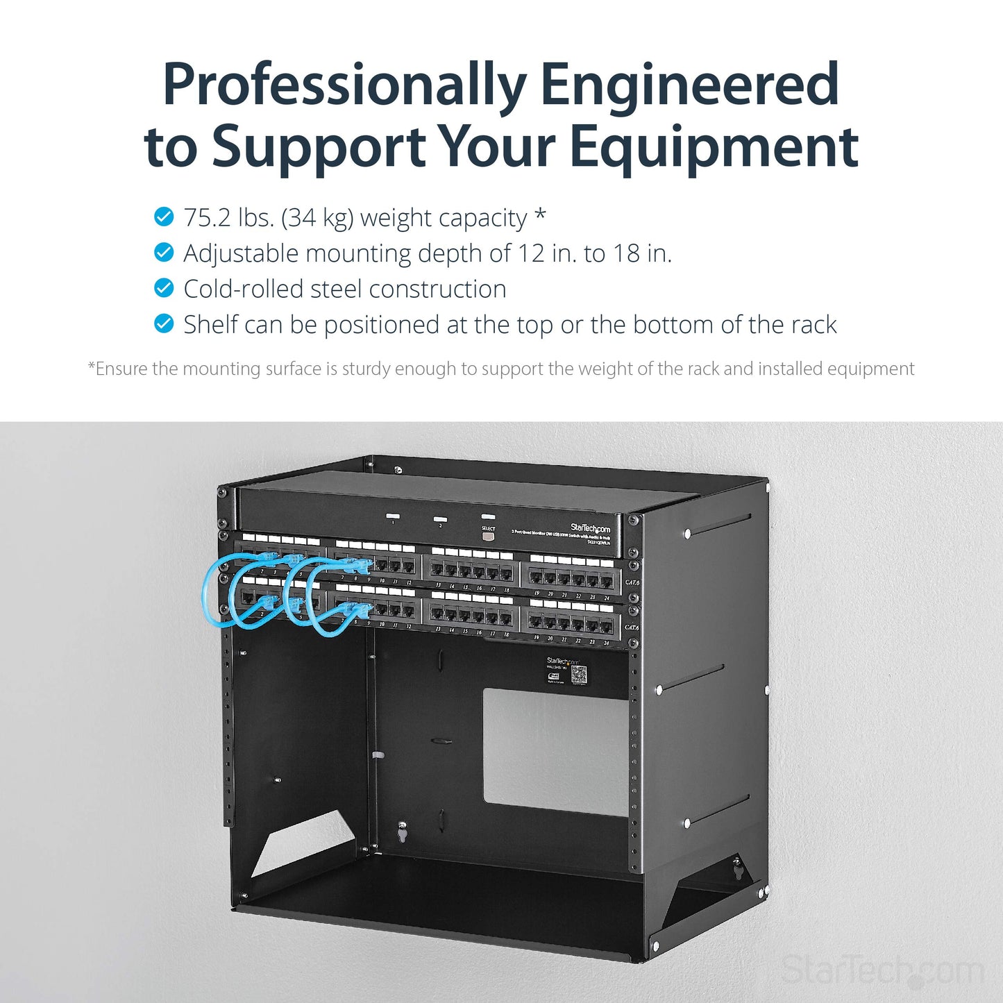 StarTech.com 2-Post 8U Open Frame Wall Mount Network Rack with Built-in Shelf, Wall Mount Data Rack with Adjustable Depth for AV / Computer / IT Equipment, TAA Compliant Server Rack (WALLSHELF8U)