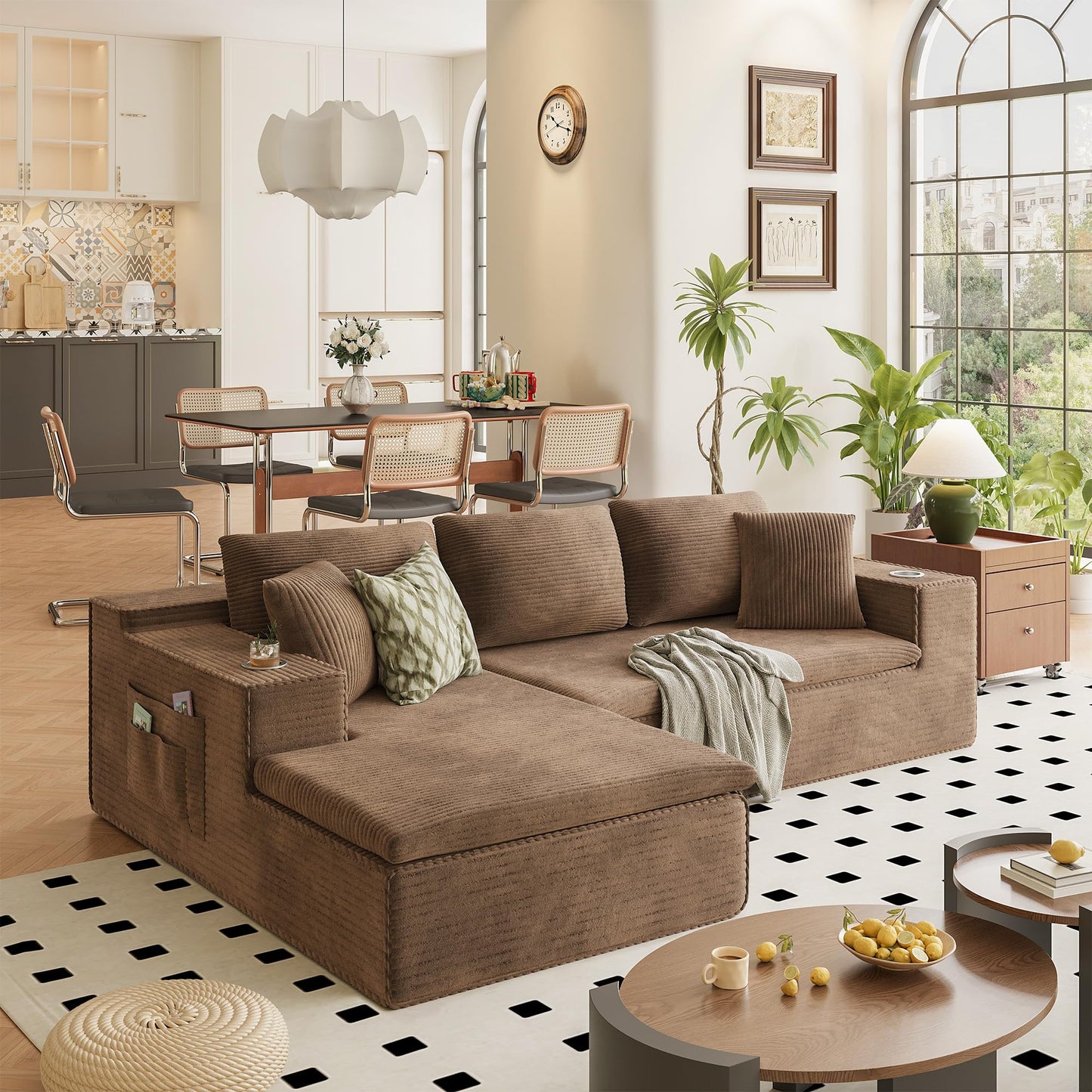 Homall 109" Boneless Couch with Memory Foam, Modular Sectional Sofa with L-Shape Chaise, Cloud Couch with Deep Seat, Dual Cup Holders & Side Pockets, No Assembly Required (Brown)