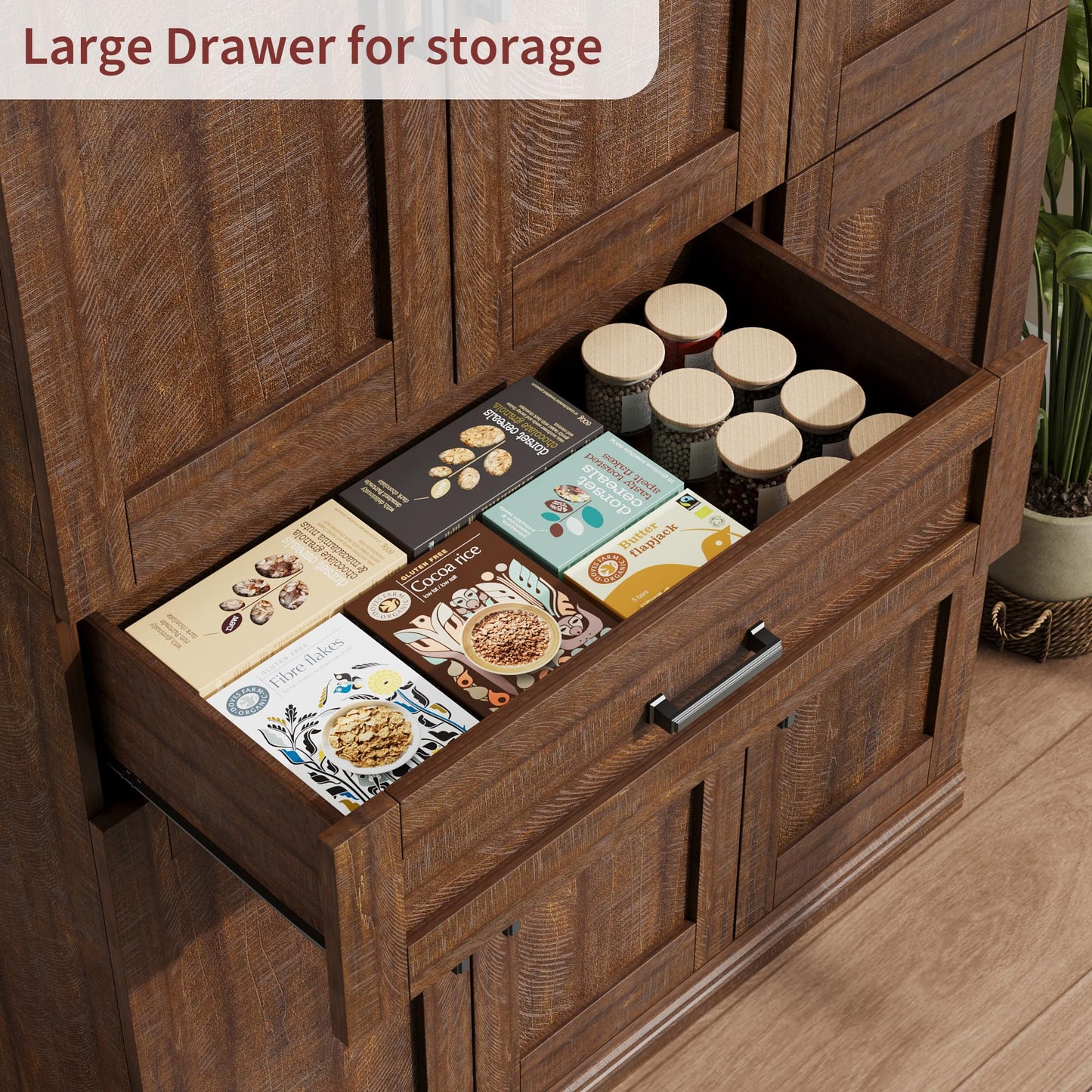 Garvee 70" Tall Kitchen Pantry Storage Cabinet, Modern Kitchen Hutch Cabinet with Doors and Shelves, Freestanding Food Pantry with Large Storage Drawer for Dining Room and Household Organization