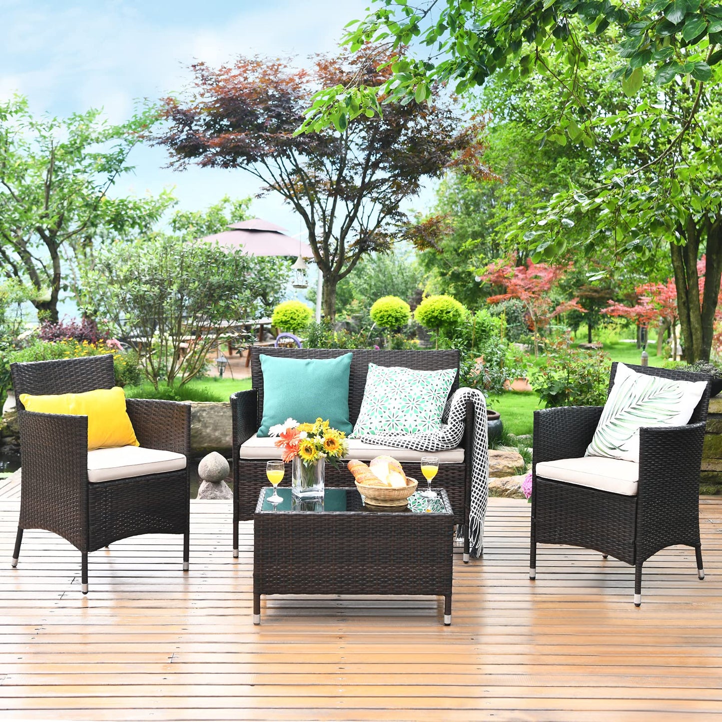 COSTWAY 4PCS Rattan Patio Furniture Set, Outdoor Wicker Rattan Chairs with Coffee Table, Rattan Cushioned Conversation Set for Backyard Balcony Porch Poolside, Brown