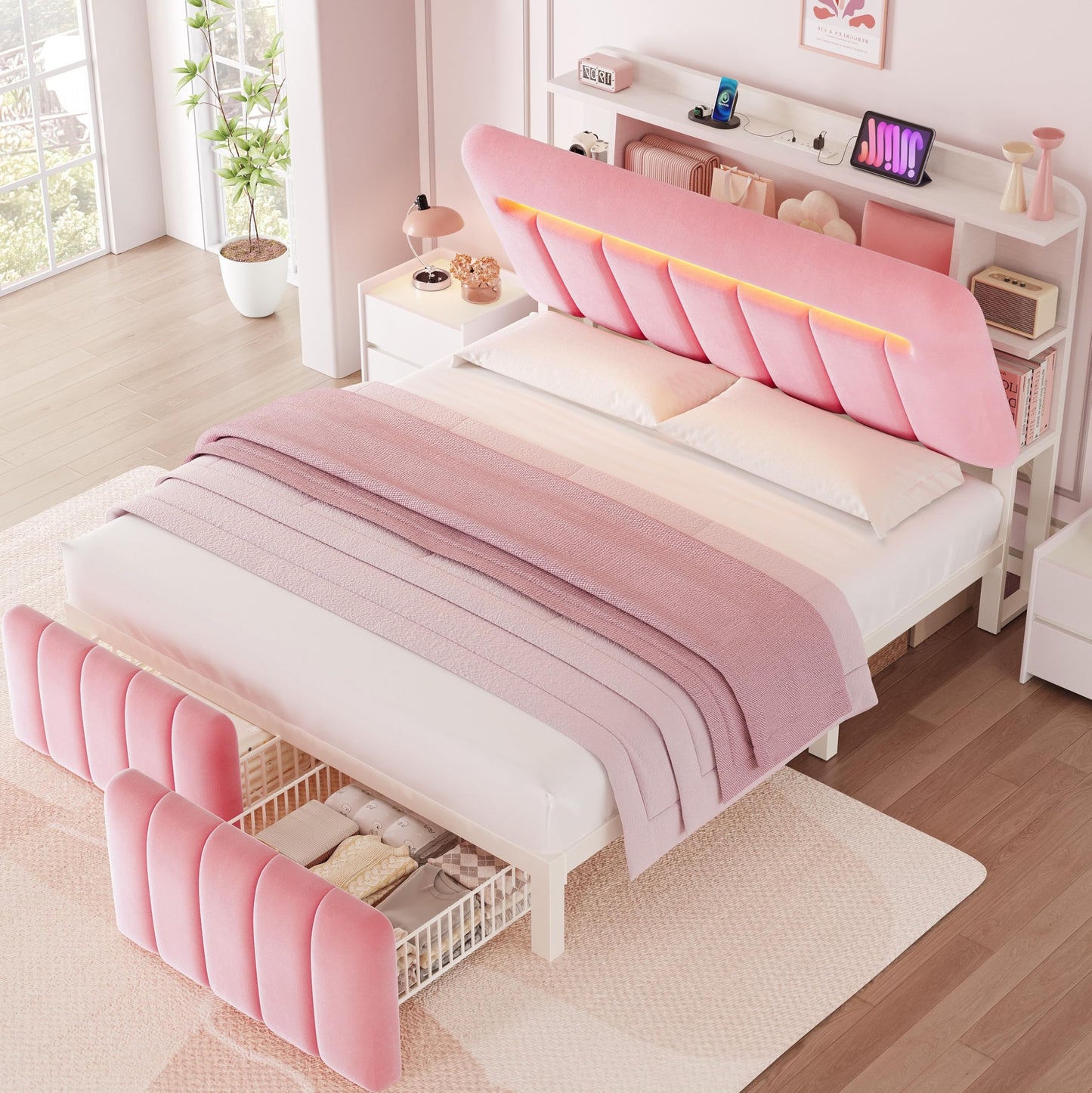 Jocoevol Full Size Bed Frame with Storage Headboard,Upholstered Princess Bed Frame Full with Storage Drawers and Charging Station,Velvet Platform Metal Bed, Noise-Free, No Box Spring Needed