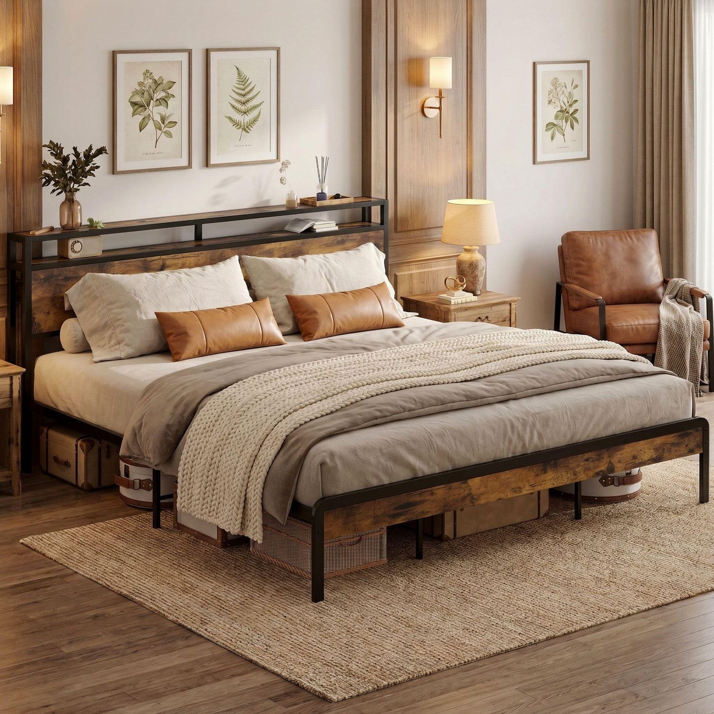 LIKIMIO California King Size Bed Frame, Platform Bed with 2-Tier Storage Headboard, Solid and Stable, Noise Free, No Box Spring Needed, Easy Assembly, Industrial Brown