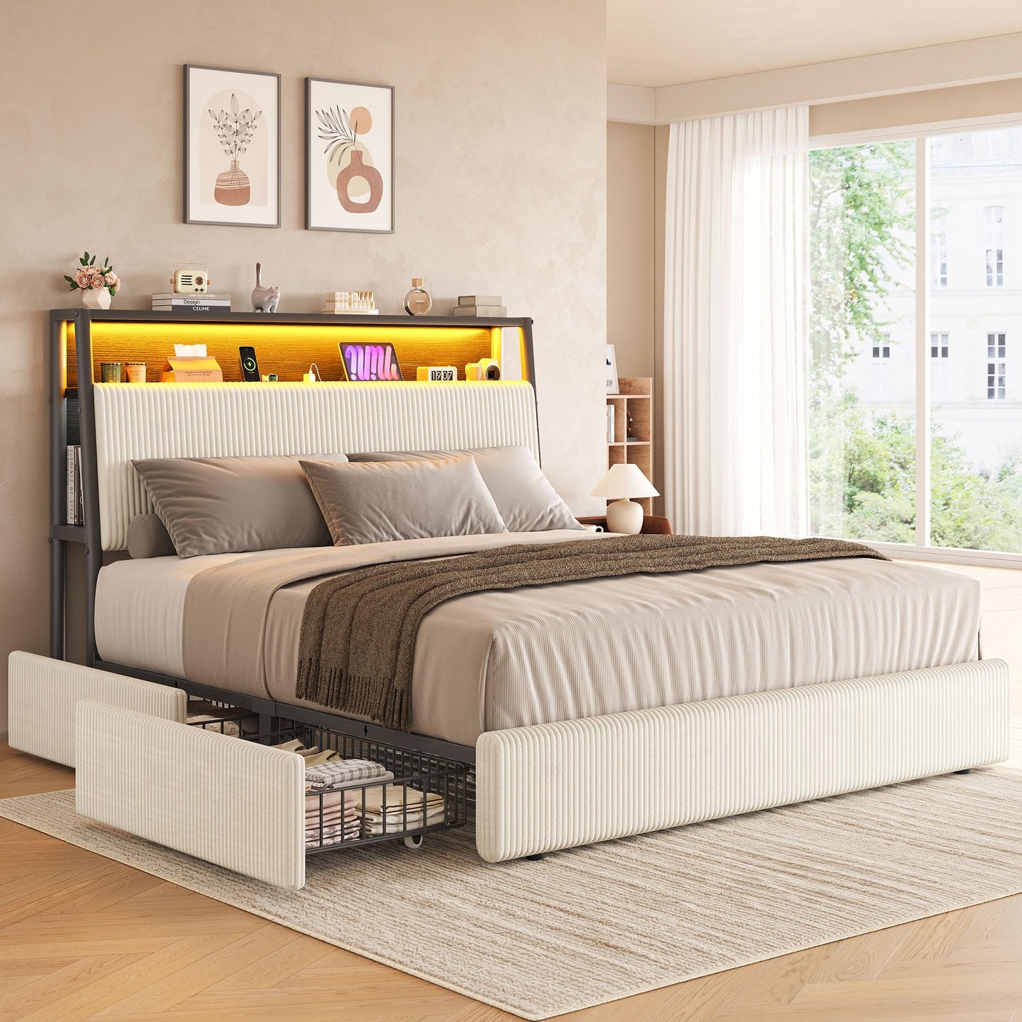 Upholstered Full LED Bed Frame with 2 Storage Drawers and Charging Station, Corduroy Platform Bed with 3-Tier Storage Bookcase Headboard, Heavy Duty Metal Support, No Box Spring Needed - Beige