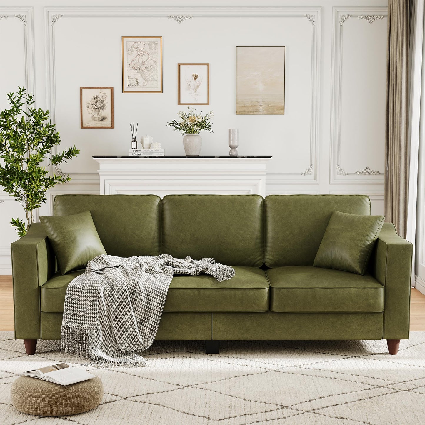 Faux Leather Couch with 2 Throw Pillows, Sofa Couches for Living Room, 3 Seater Sofa with Wide Armrests, Wood Legs, Deep Seats, Back Cushion, Sturdy Support Feet, for Office, Living Room, Olive Green