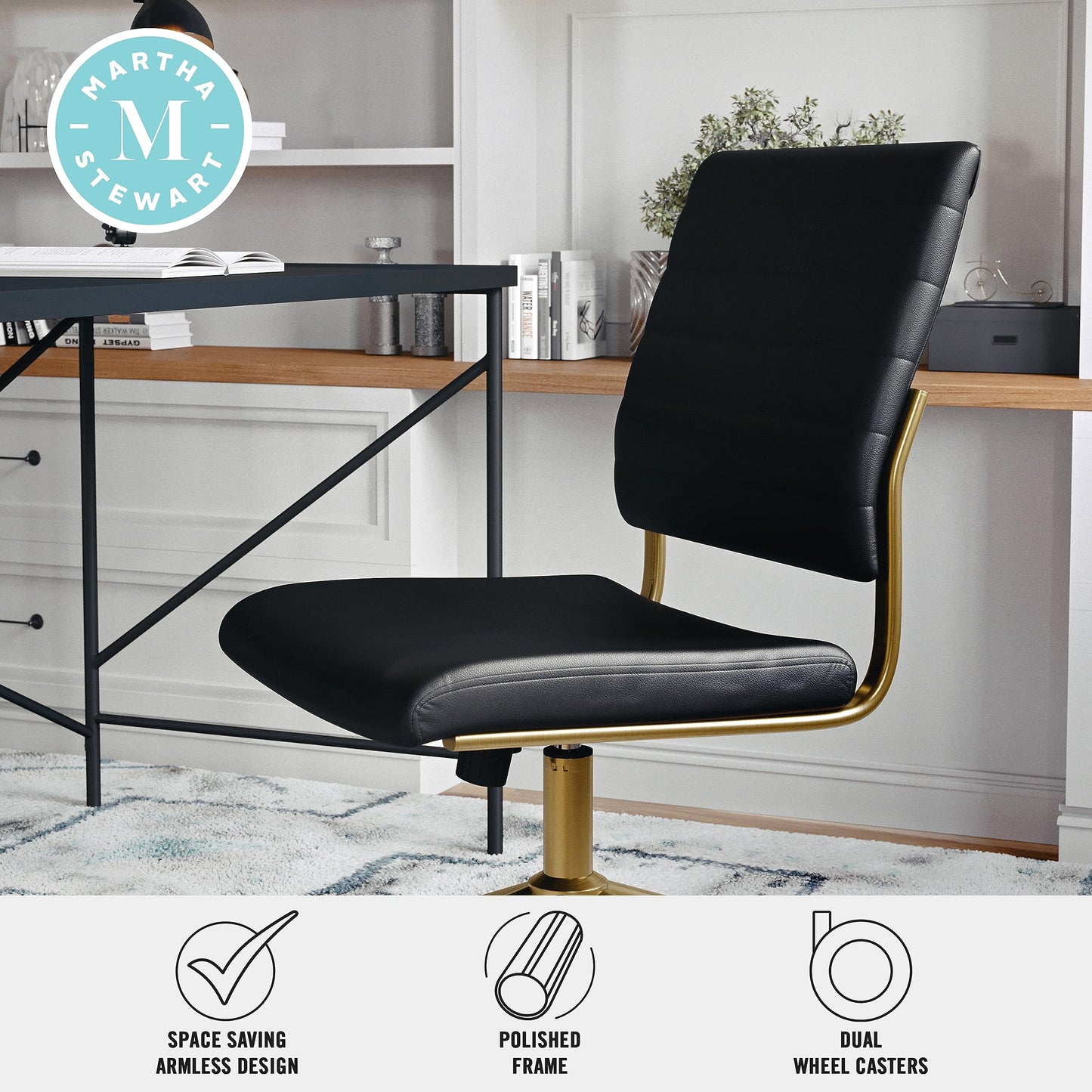 Martha Stewart Ivy Armless Swivel Task Chair for Home Office in Black Faux Leather with Polished Brass Frame