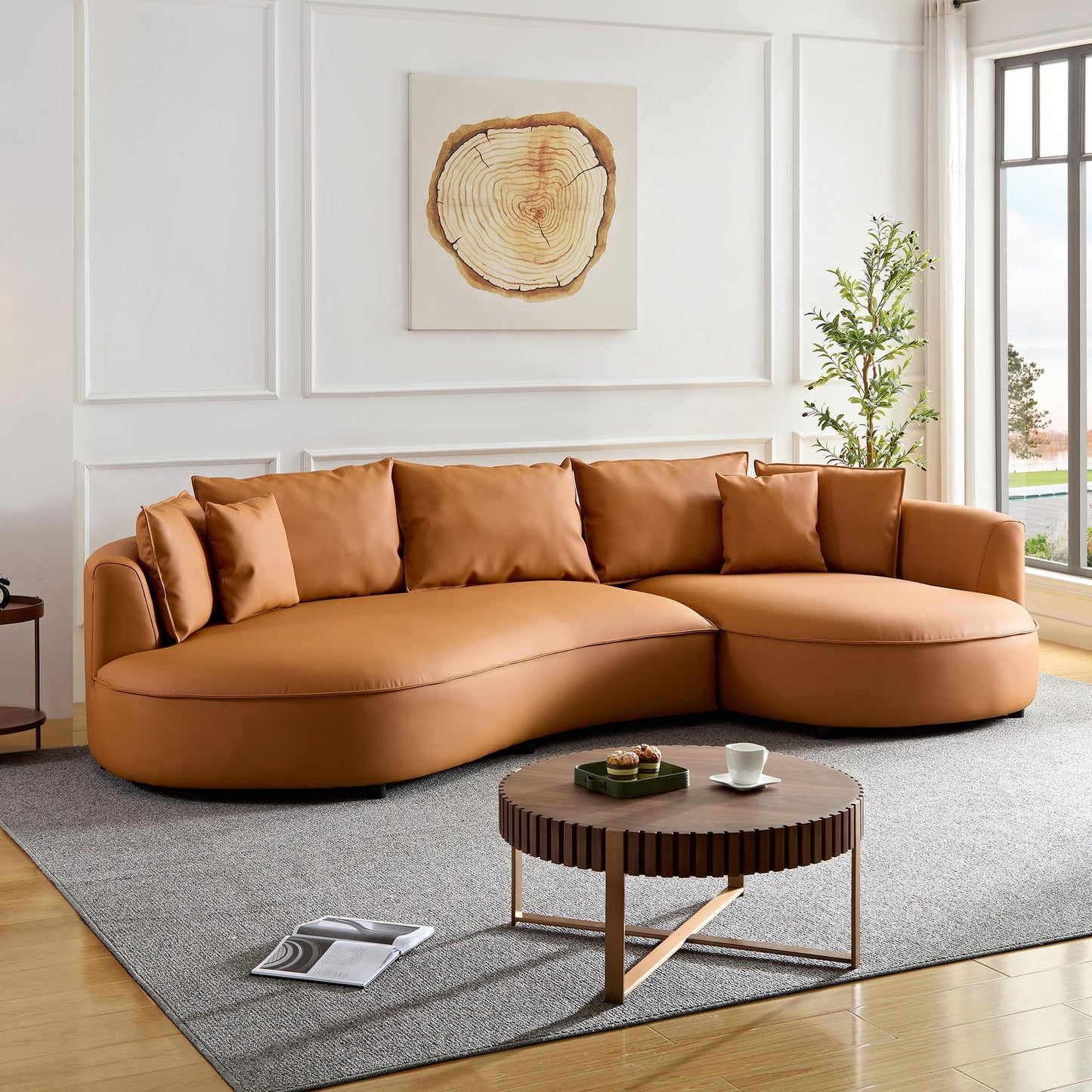 KEIKI 129" Curved Oversized Modular Bonded Leather Sectional Sofa with Right Chaise, 4 Pillows, 3 Back Cushion, Modern Comfy 5-Seater Couch, Easy Assembly, for Apartment, Living Room, Orange