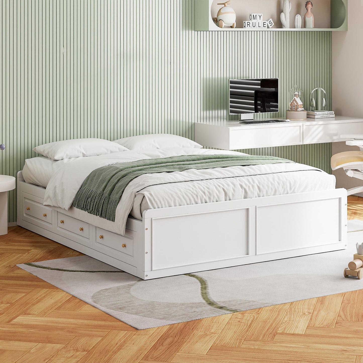 Merax Wood Queen Size Platform Bed Frame with 6 Drawers, Storage Bed Frame Without Headboard for Kids Teens and Adults, White