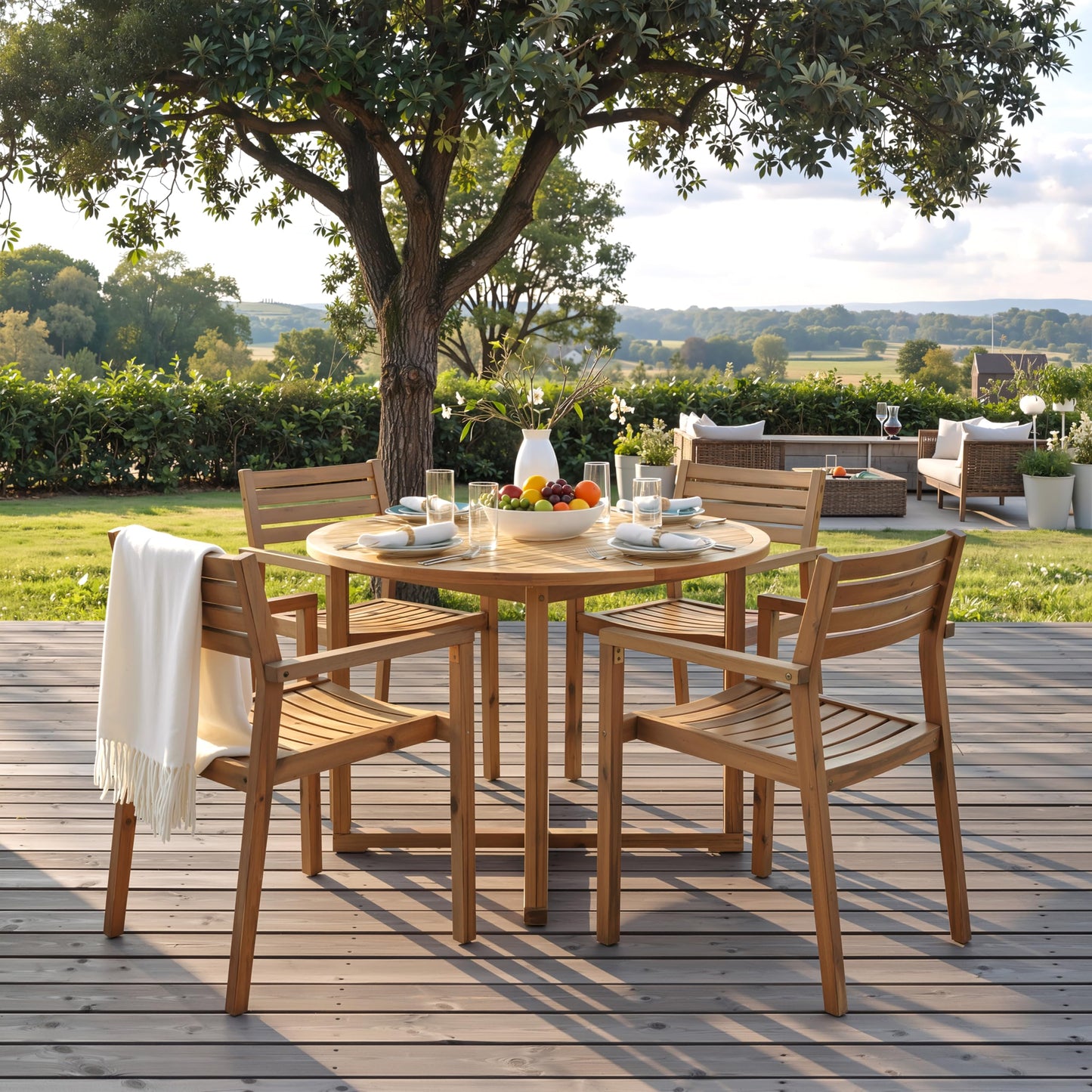 Merax 5-Piece Outdoor Dining Set for 4 People, Weather-Resistant Sturdy Acacia Wood Furniture Sets, 4 Chairs + 47.2" Round Dining Table, for Patios Garden Poolside Lawn, Natural