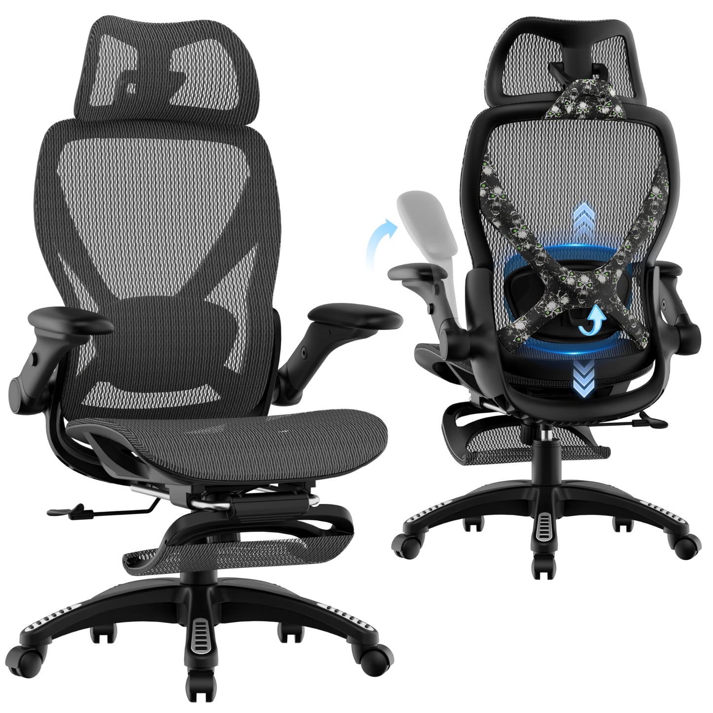 ELABEST X100 Ergonomic Mesh Office Chair with Footrest, Big and Tall Home Desk Chair with 5D Flip-Up Arms, Adjustable 3D Lumbar Support, Gaming & Executive Computer Chair, Night Reaper