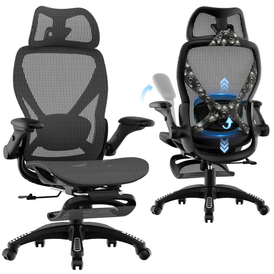 ELABEST X100 Ergonomic Mesh Office Chair with Footrest, Big and Tall Home Desk Chair with 5D Flip-Up Arms, Adjustable 3D Lumbar Support, Gaming & Executive Computer Chair, Night Reaper