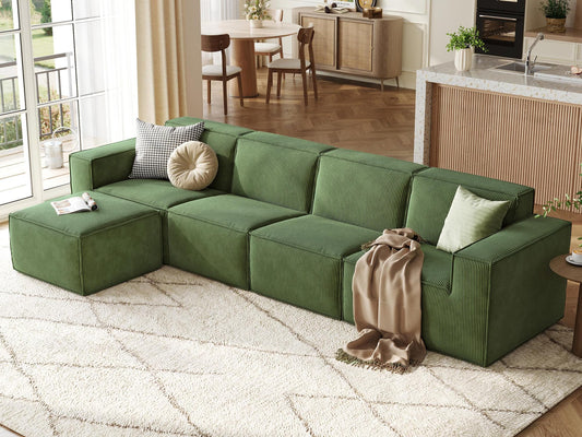 LINSY HOME Modular Sectional Sofa, 134" Boneless Couch L Shaped 4-Seat Sofa with Movable Ottoman, Corduroy Sectional Cloud Couches for Living Room, No Assembly Required, Green
