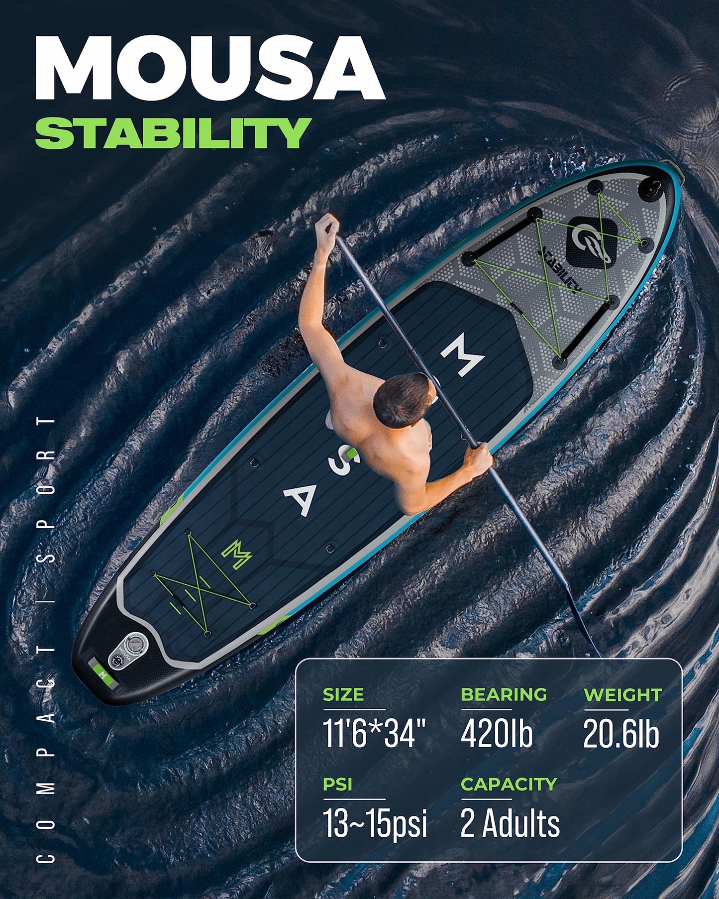 MOUSA 11'6''×34" Extra Wide Inflatable Stand Up Paddle Board, Stable Long SUP for 2 People/Family, Shoulder Strap, 5 Handles, 100L Backpack, All-Round Sup Board, 3 Removeable Fin