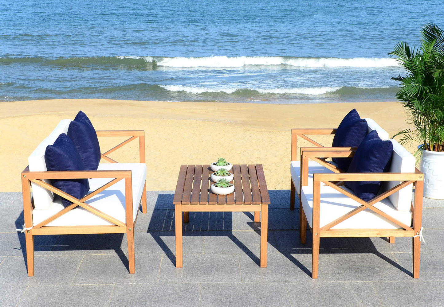 Safavieh PAT7031A Collection Nunzio Teak and White and Navy 4 Pc Accent Pillows Outdoor Set