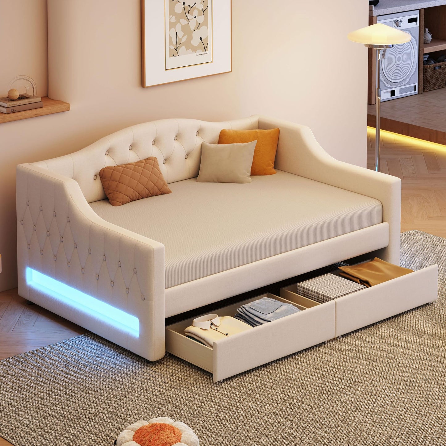 Merax Modern Upholstered Platform Bed Frame with Storage Drawers, Linen Sofa Day Bed, No Box Spring Needed/Easy Assemble/Twin XL, Beige