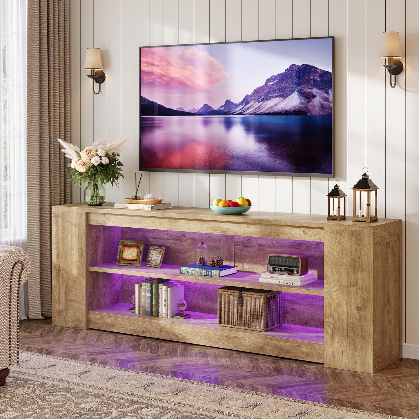 Tribesigns 78" LED Light TV Stand for TVs up to 90 Inches, 3 Tiers Farmhouse Entertainment Center with Open Storage Shelves, Media Console Table for Living Room, Bedroom, Rustic Brown