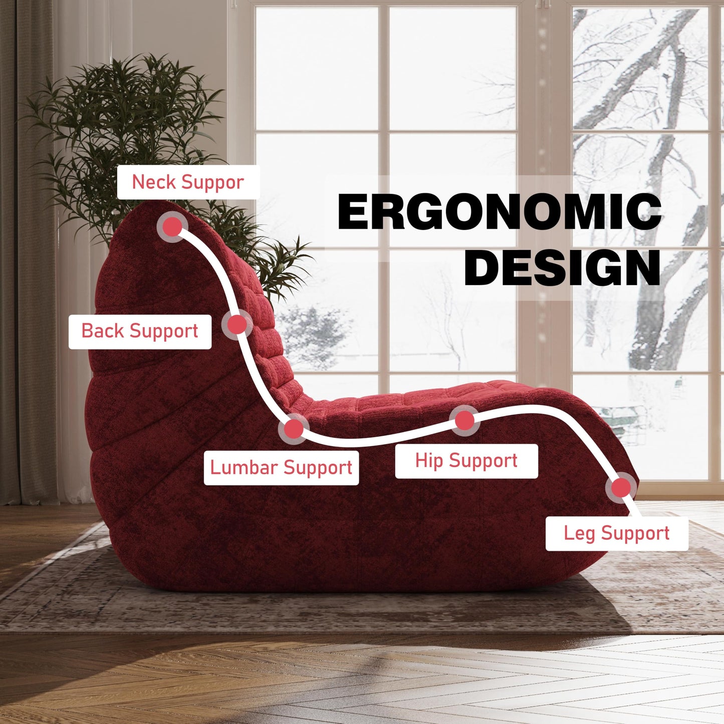YVDNHP Bean Bag Chair, Loveseat Fireside Chair Bean Bag Sofa Large Bean Bag Chair for Adults, 2 Seater Bean Bag Chairs for Teens with High Density Comfortable Foam, Bean Bag for Living Room (Red)