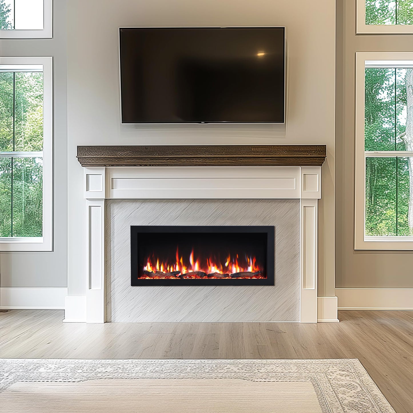 PuraFlame Bernice 42 Inch Smart Linear Electric Fireplace - Clean Hidden Vent Design, Flame with 9 Colors, Recessed in-Wall or Wall-Mount or Free Standing, Compatible with Alexa and Google Assistant