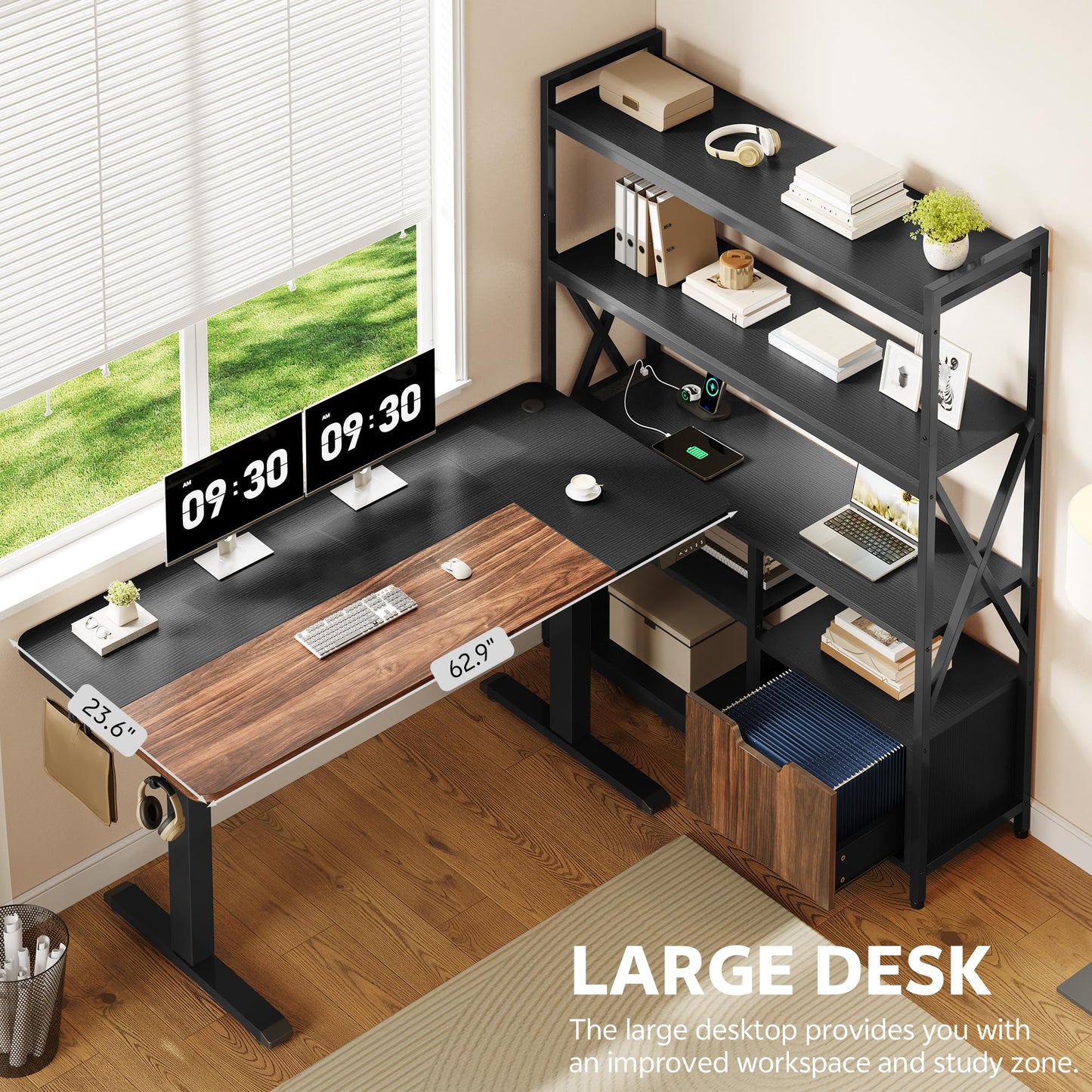 Homiflex 77.8 Inches L Shaped Standing Desk Corner Desk with Hutch Electric Height Adjustable Desk with Storage Shelves File Drawer Power Outlets Reversible Computer Gaming Desk for Home Office Black