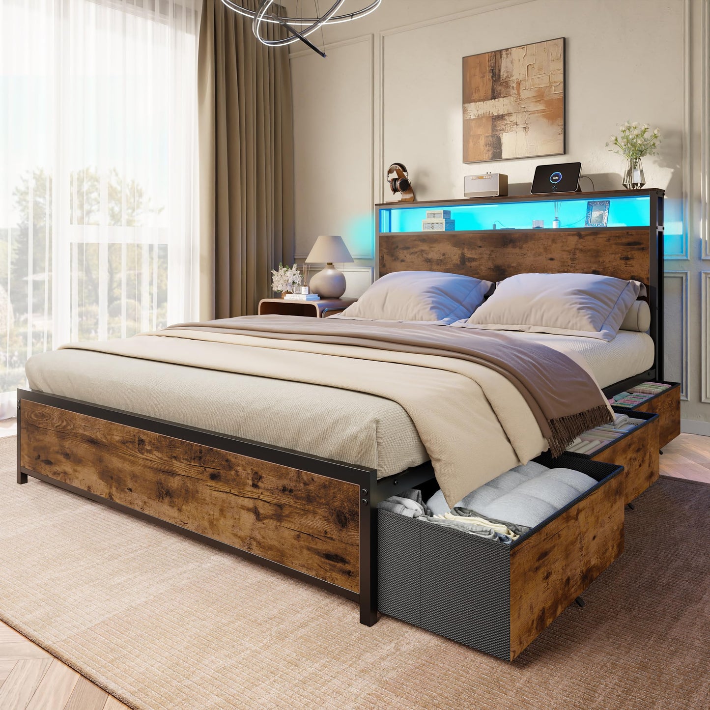 Forestell Full Size Bed Frame with Storage Headboard & 6 Drawers,Sturdy Platform Bed Frame Full with Charging Station,LED Lights,2-Tier Wood Shelf Industrial Bedframe-Noise Free/No Box Spring Needed