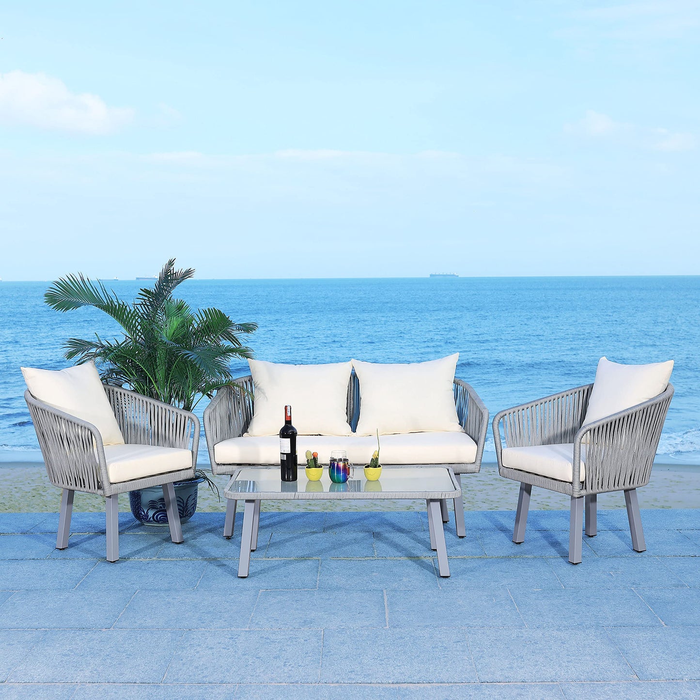 Safavieh Outdoor Collection Jorda Wicker Cushion 4-Piece Rope Patio Backyard Living Set PAT7518A, Grey/Beige