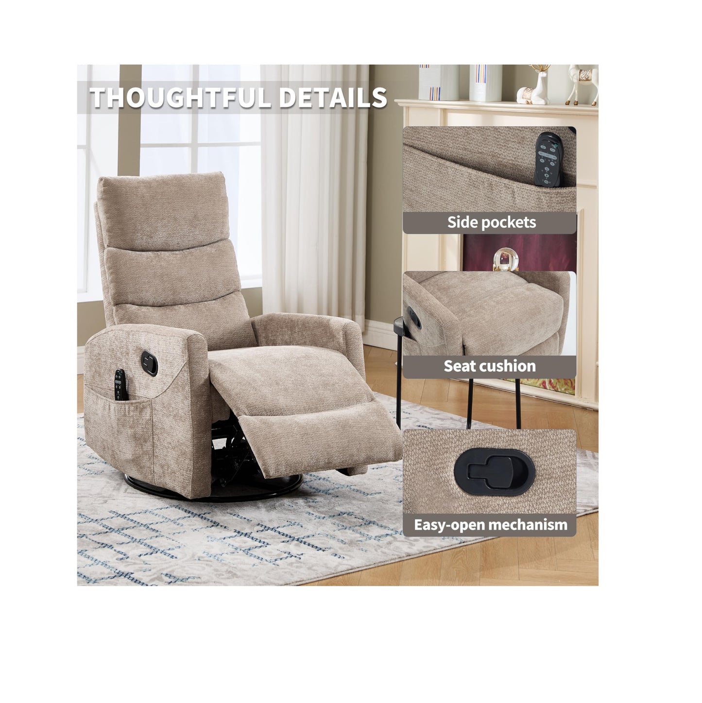 KEIKI 4-in-1 Manual Swivel Rocker Recliner Chair for Home Living Room, Chenille Chair with Back Massager & Heat, Home Theater Seating with Lumbar Support, Comfy Bedroom Chairs for Elderly, Khaki