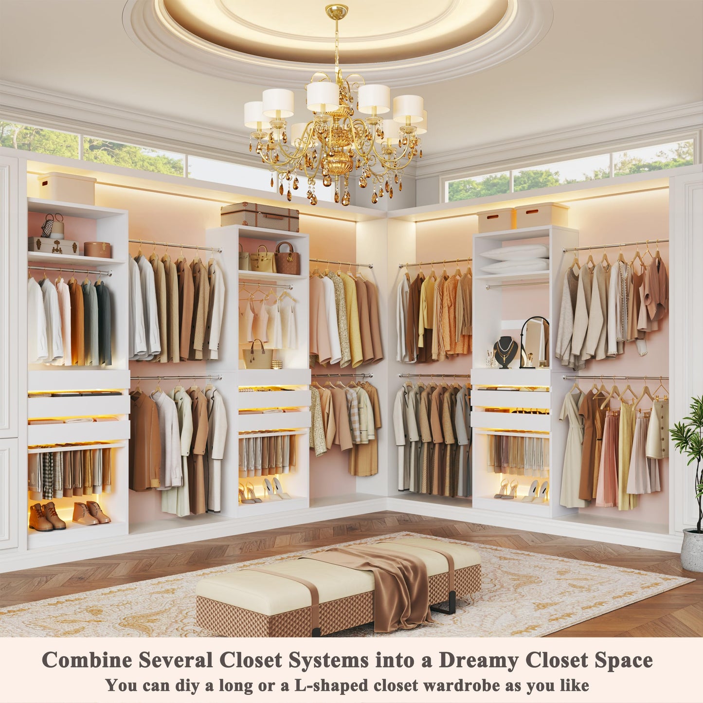 Closet System, 4-8FT Closet Organizer with 3 Wood Drawers & Glass Top, 102'' Walk in Closet with 5 Hang Rods & LED Lights & Trouser Rack, Built-in Wardrobe Clothes Rack with Shelves and Tower, White