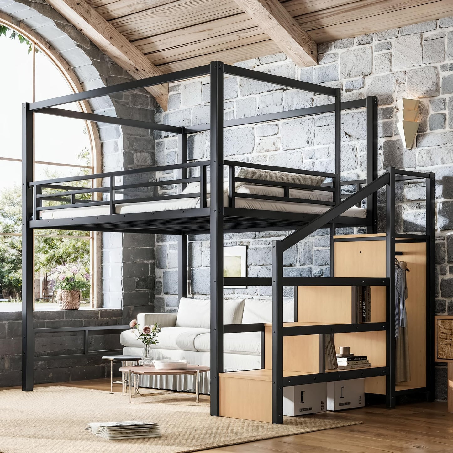 Bellemave Queen Size Loft Bed Frame with Storage Stairs and Wardrobe, Queen Size Game Loft Bed with Canopy Frame, Heavy Duty Loft Bed for Adults Teens Black