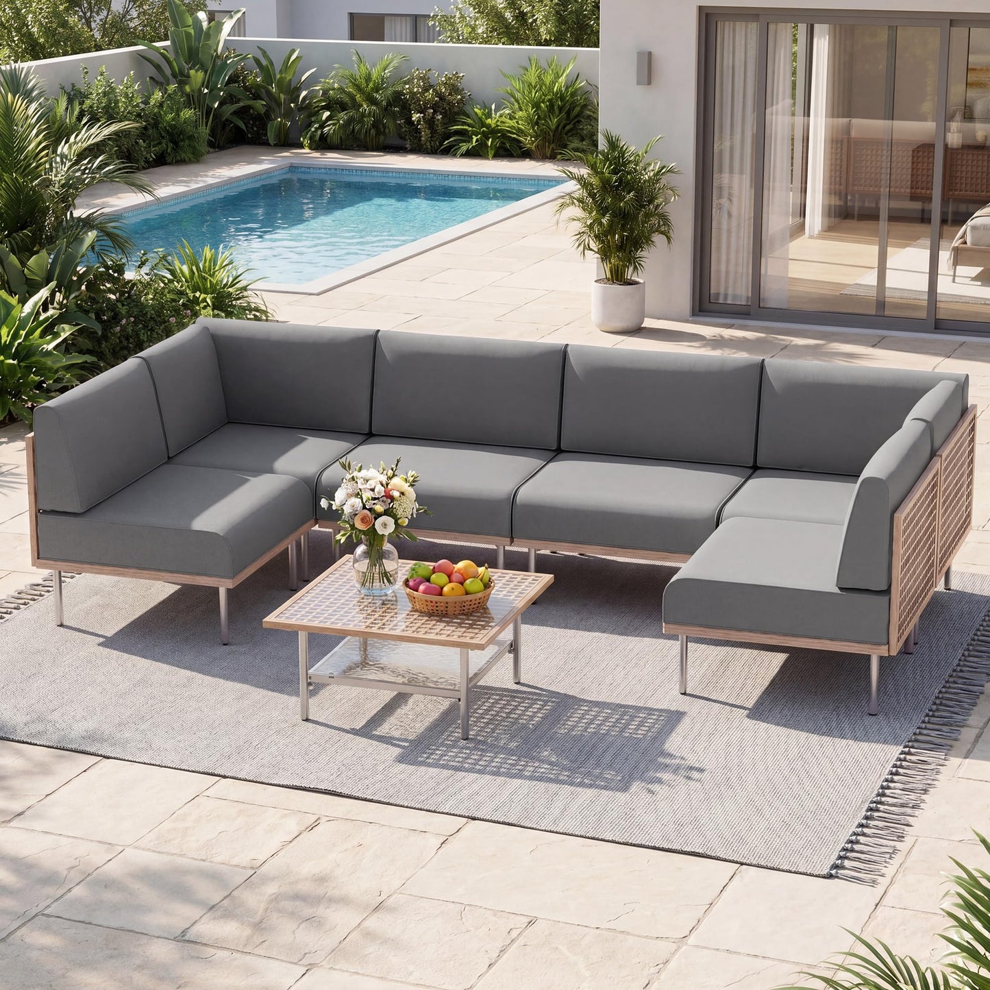 EO Living 7-Piece Modular Outdoor Patio Furniture Set, PE Rattan Sectional Conversation Sofa with Tempered Glass Table and Machine-Washable Cushions (Grey)