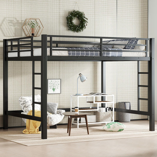 Bellemave Heavy Duty Loft Bed Frame with 2 Build in Ladder and Full Length Guardrail, Easy Assemble Loft Bed Queen Size, Noise Free Design, No Box Spring Needed, Black