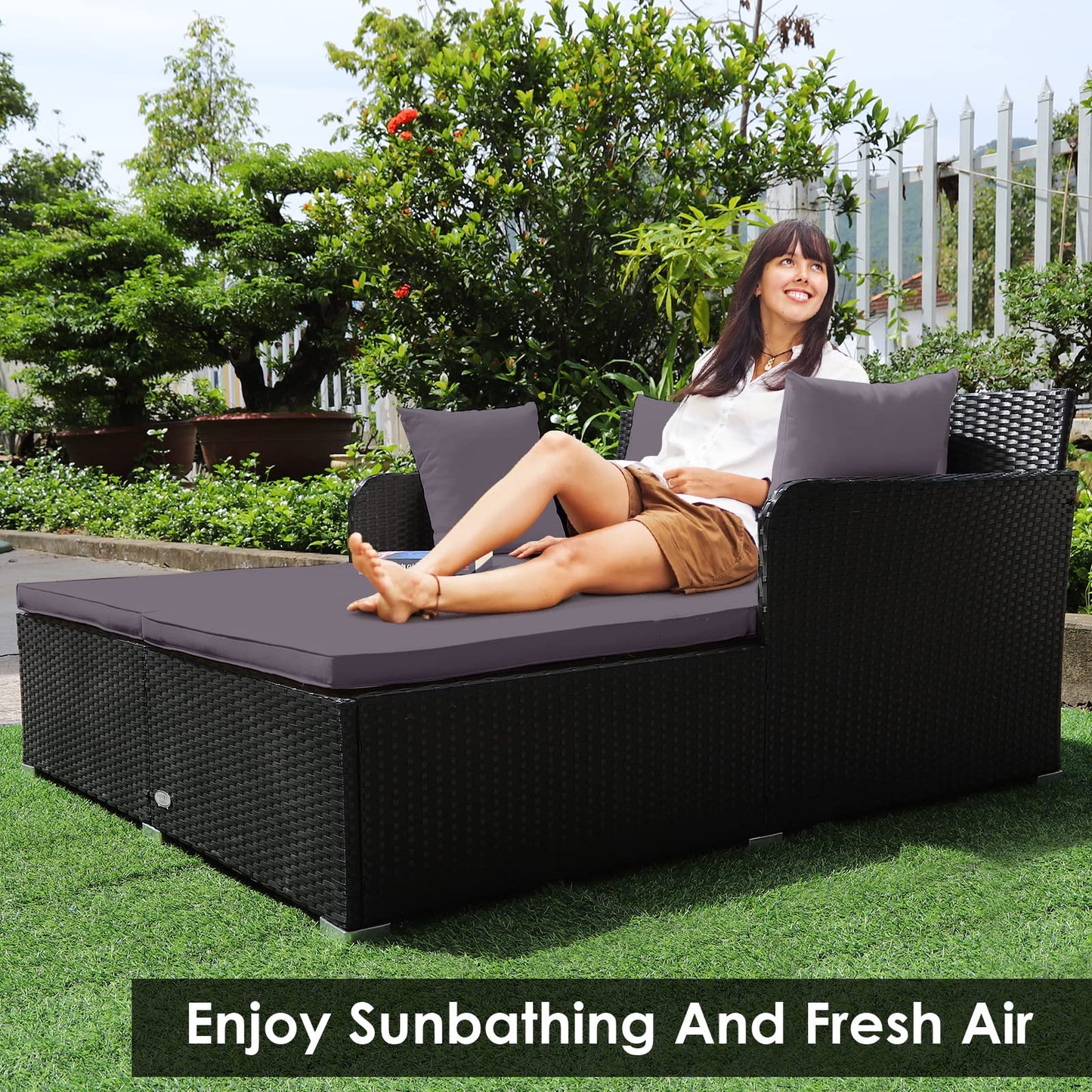 Tangkula Outdoor Rattan Daybed, Sunbed Wicker Furniture w/Spacious Seat, Upholstered Cushion & High-Resilience Sponge, Wicker Patio Sofa Set w/Extra Pillows for Courtyard Poolside (Grey)