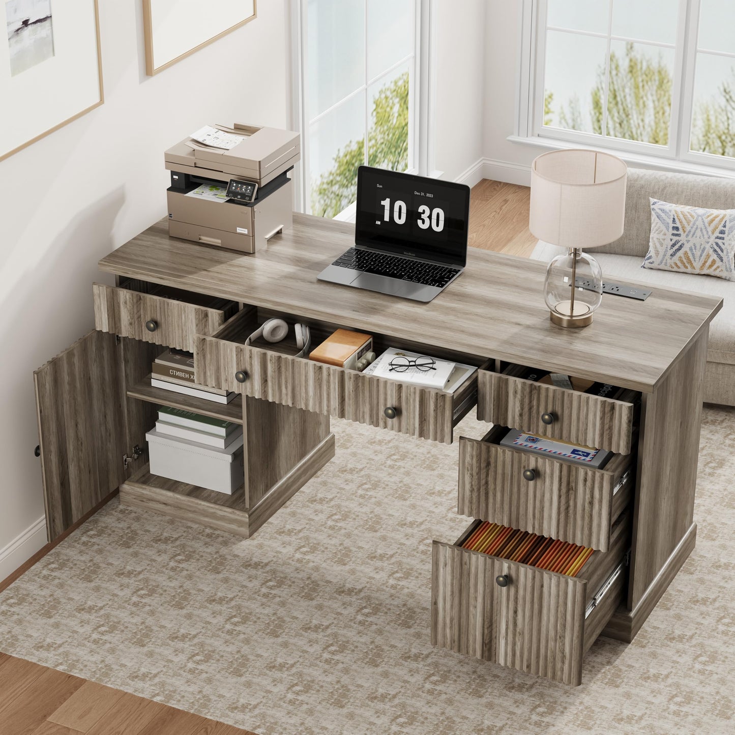 Garvee 60" Office Desk with Storage & Drawers. Fluted Wood Computer Desk with Power Outlet & Adjustable Shelves.Modern Executive Desk for Home Office/Bedroom/Gaming-Grey