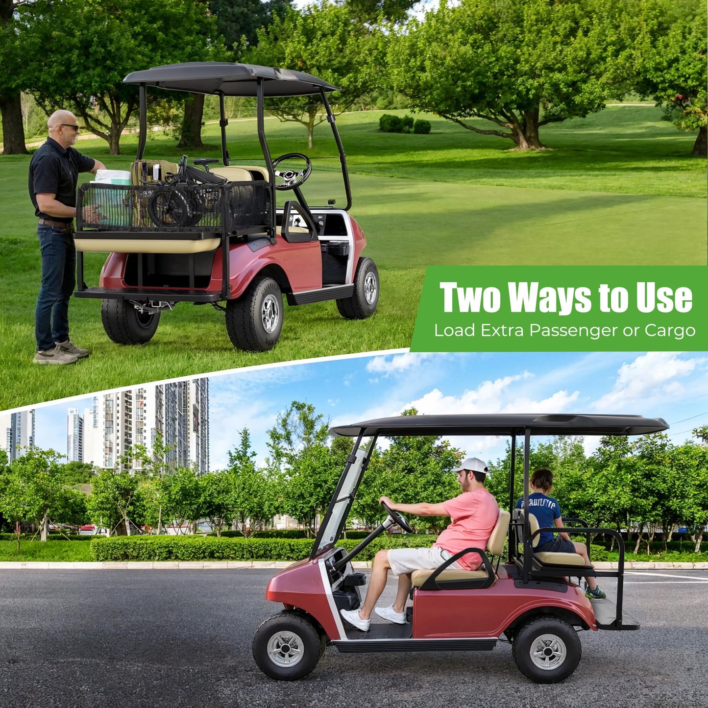10L0L Golf Cart Rear Flip Seat for Club Car DS, Heavy-Duty Alloy Steel & PE Construction, No-Drill Installation, Non-Slip Pedals & Padded Backrest