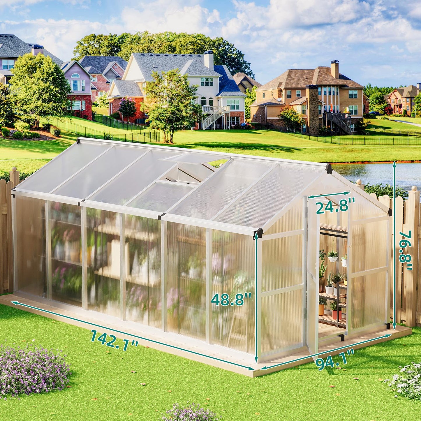 8x12 FT Greenhouse - Large Aluminum Greenhouses for Outdoors, Heavy Duty Polycarbonate Greenhouse with Roof Vent&Ground Nails, Walk-in Green Houses for Garden, Backyard, Patio, Easy Assembly