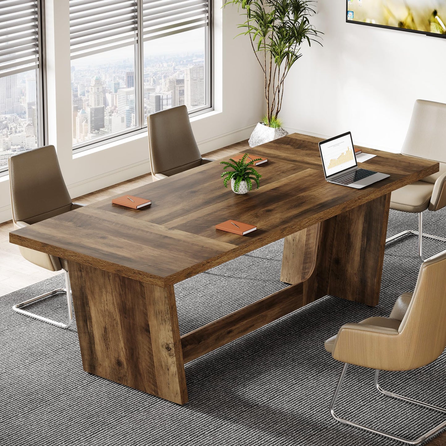 Tribesigns 6 FT Conference Room Table, 71”Large Executive Seminar Desk for 6–8 People, Rectangular Meeting Table for Office, Heavy-Duty Business Boardroom Table with Wooden Pedestal Base, Dark Brown