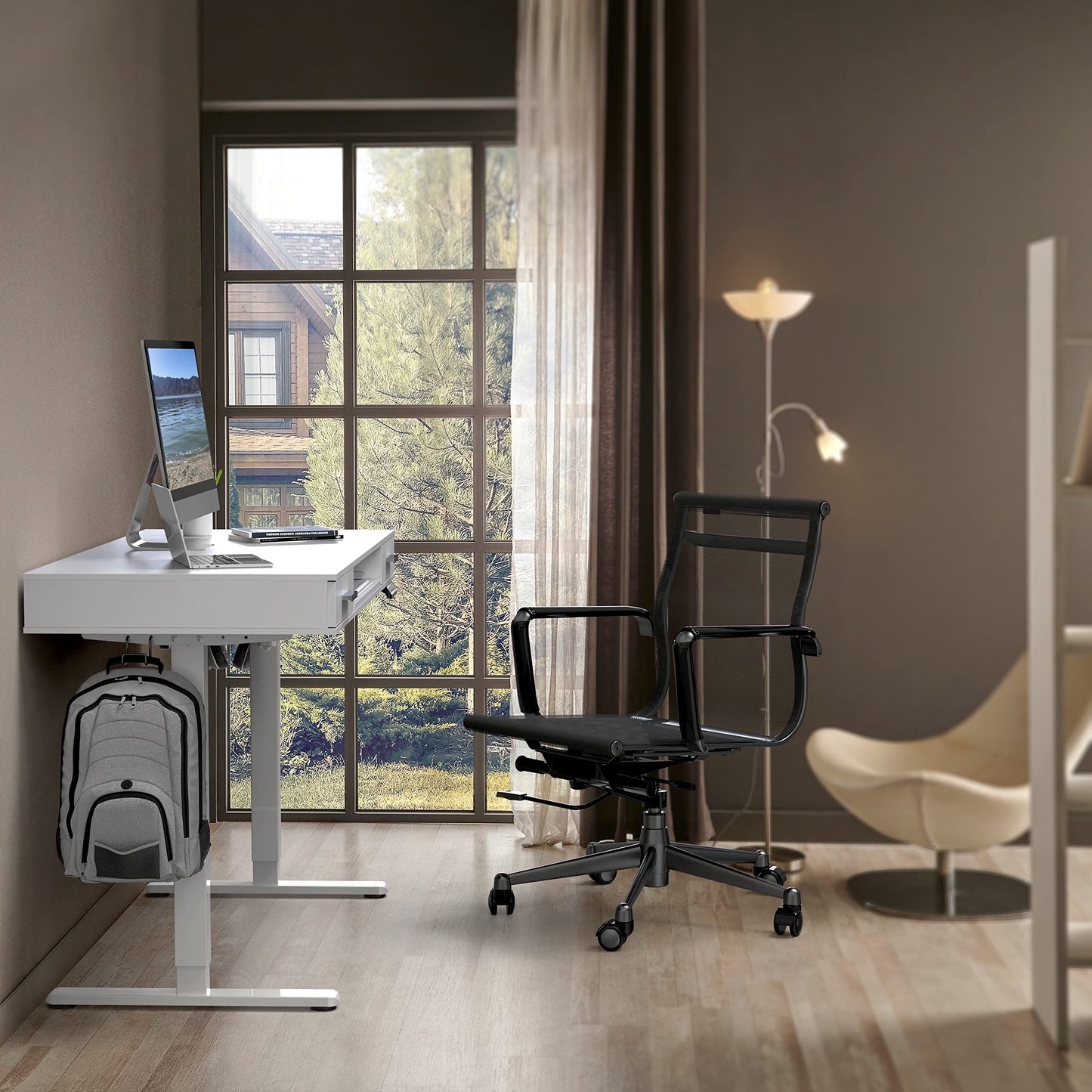 SHW 48-Inch Electric Height Adjustable Desk with Keyboard Tray and 2 Drawers, White
