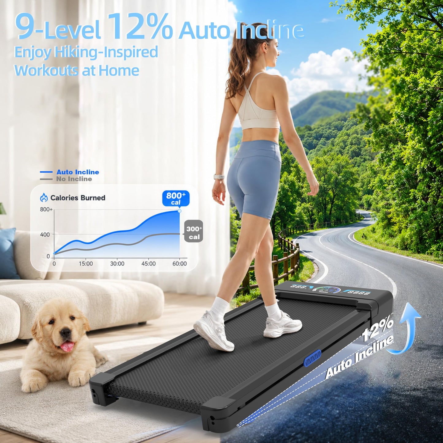 TRAILVIBER Walking Pad with 12% 9-Level Auto Incline, Smart App No Subscription, 450lbs Capacity, RGB LED Screen, Bluetooth Speaker, Compact Portable Under Desk Treadmill for Home Hiking, Blue
