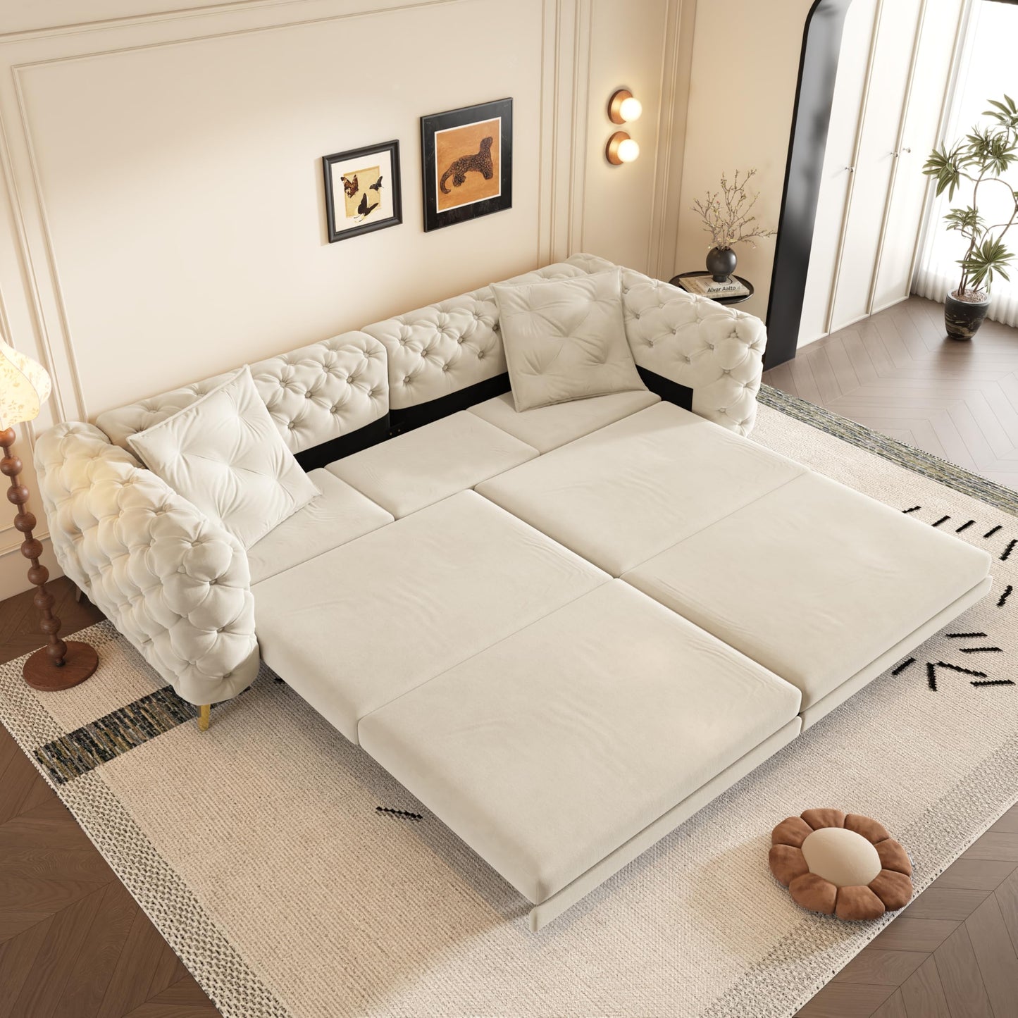 Ball & Cast 3-in-1 Convertible Sleeper Sofa with Movable Ottoman,97.7" Velvet Pull Out Sofa Bed, Modern Button Tufted 4-Seater Sofa Couch with Deep Seat for Living Room, Apartment,Office,Beige
