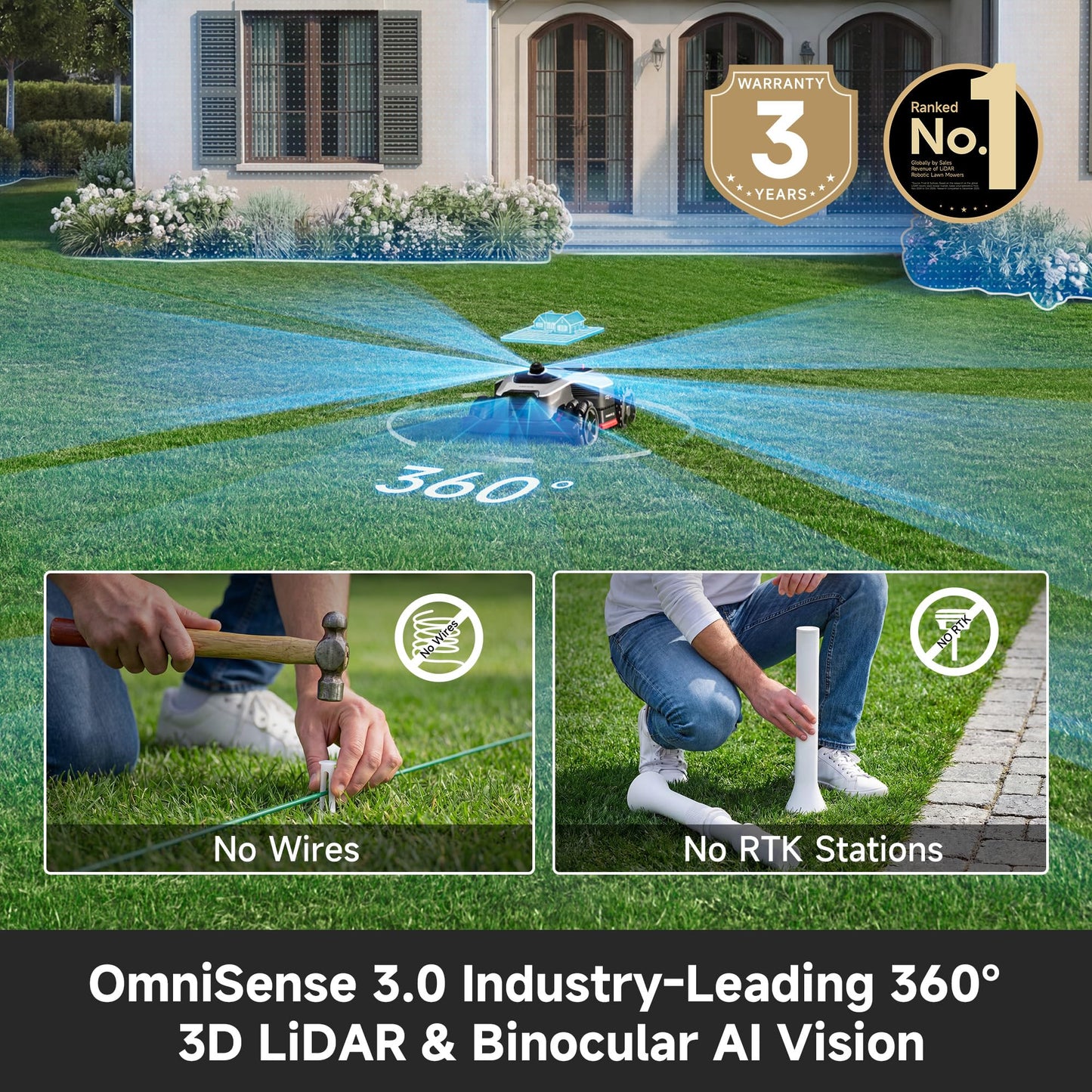 [All-Terrain Wire-Free] DREAME A3 AWD 2000 Robot Lawn Mower, 360° 3D LiDAR & AI Dual Vision Smart Robotic Mowers for 0.5 Acre, 80% Slopes & 45min Fast Charge, 1.97" Edge Trimming, 4G GPS Anti-Theft