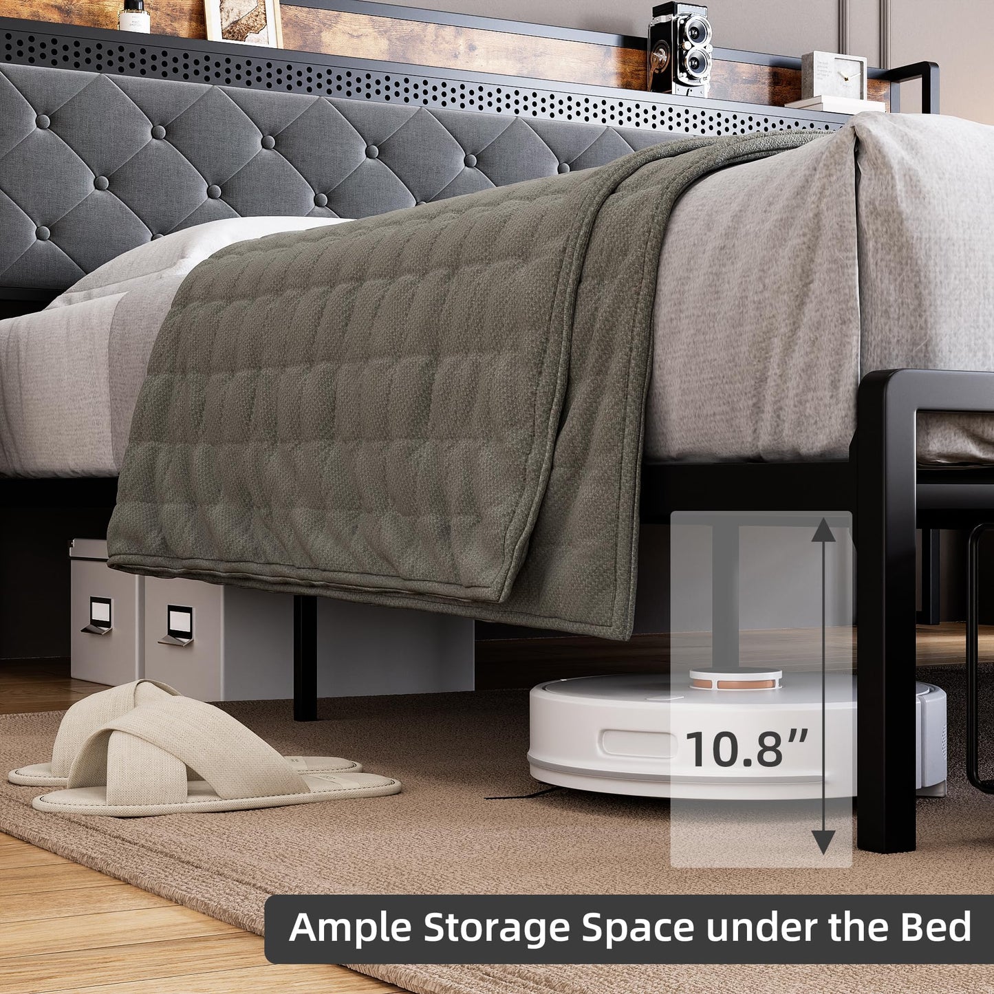 GarveeHome King Bed Frame with 2 Storage Drawers, LED Bed Frame with 2-Tier Storage Headboard&Charging Station, Metal Platform Bed Frame, No Box Spring Needed, Noise Free, Grey