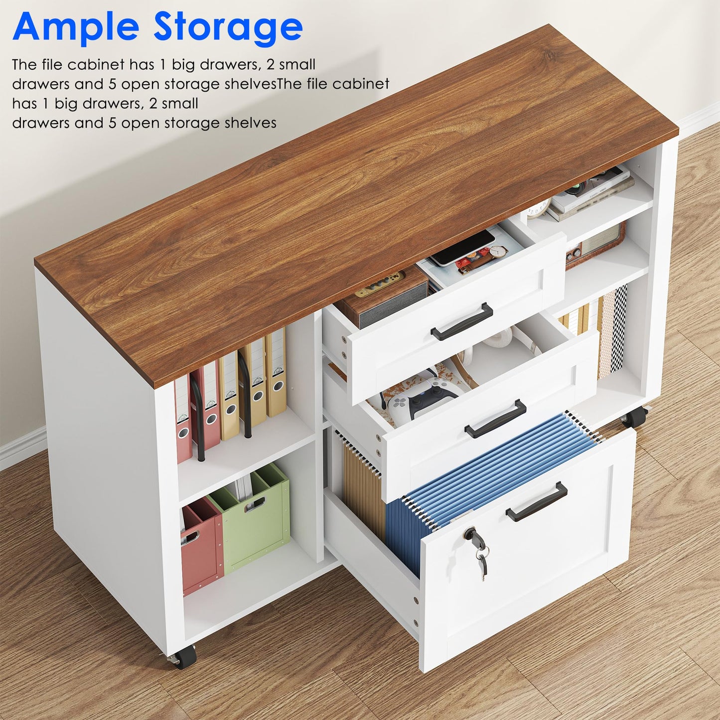 kepptory 3 Drawer Wood Mobile Large lateral File Cabinet with Lock, Lockable Rolling Filing Cabinet with Open Storage Shelves, Printer Stand Office Storage for Home Office Fits Files Legal/A4, White