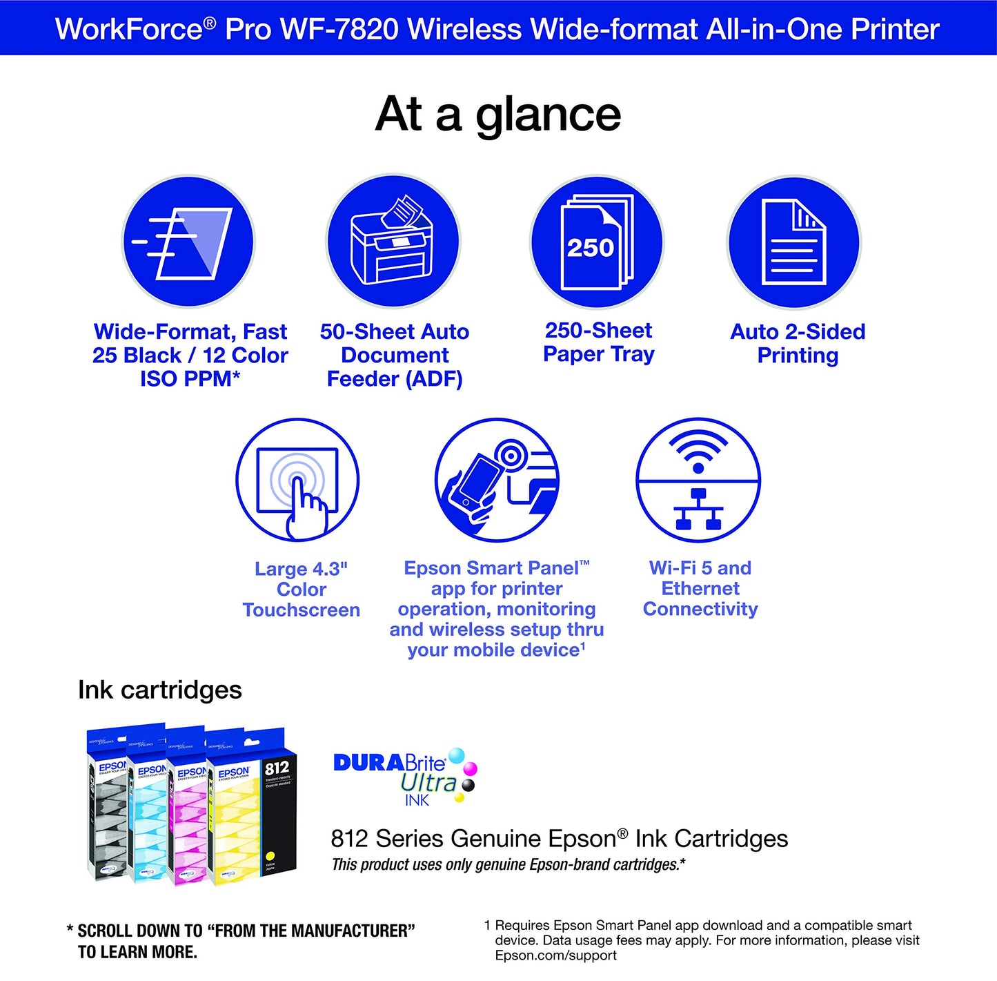 Epson Workforce Pro WF-7820 Wireless Duplex All-in-One Wide-Format Printer, Copier, Scanner, and Fax with 50 Page ADF, 250 Sheet Paper Capacity and Mobile Printing, Black