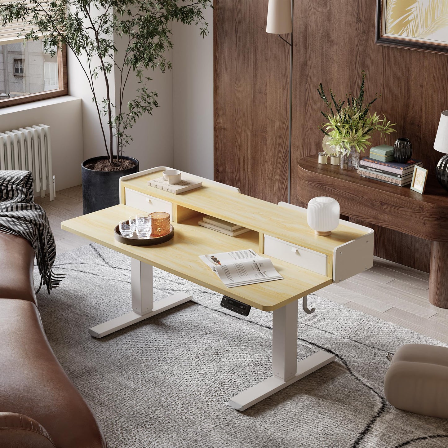 YIHAYO Low Height Adjustable Desk with Drawers, Lifts 18.1-28.3 Inches, Electric Standing Desk with Storage Shelf for Short People, 48 x 24 Inches Table with Splice Board for Home Office, Natural