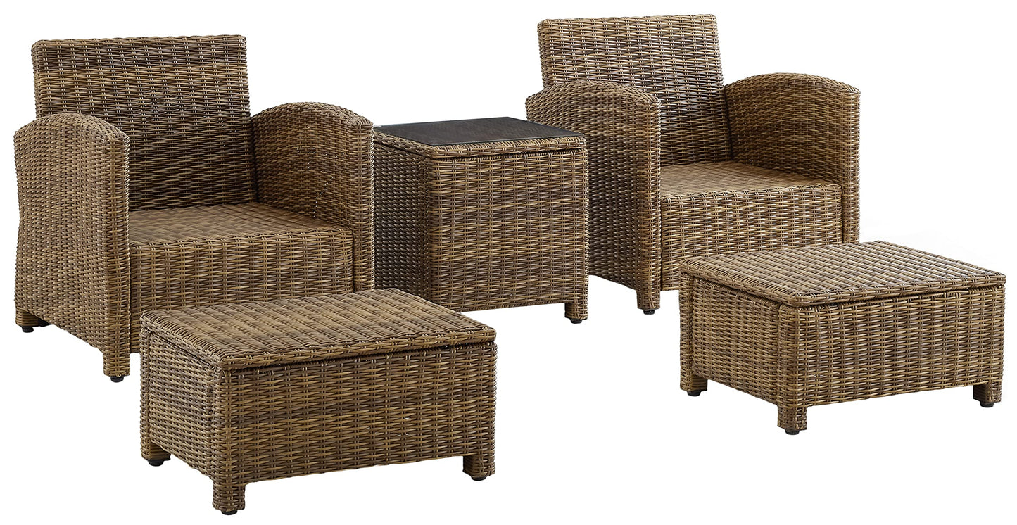 Crosley Furniture Bradenton 5-Piece Outdoor Chair Patio Furniture Set, Wicker Conversation Sets for Porch, Weathered Brown with Sangria Cushions