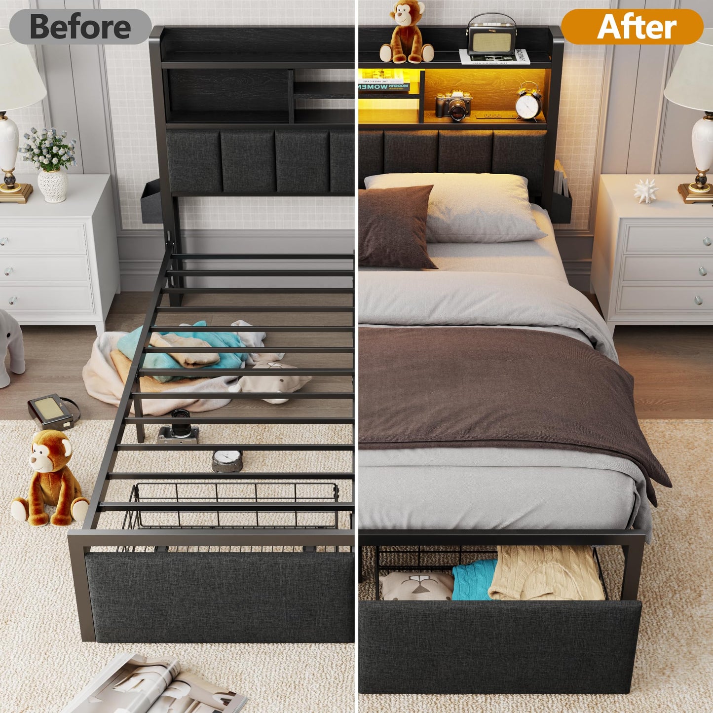 Furnulem Queen Bed Frame with Storage Drawers, Upholstered Headboard with LED Light & Charging Station, Metal Platform Bed Frame Queen Size, Noise Free, No Box Spring Needed, Black (1200 lbs Capacity)