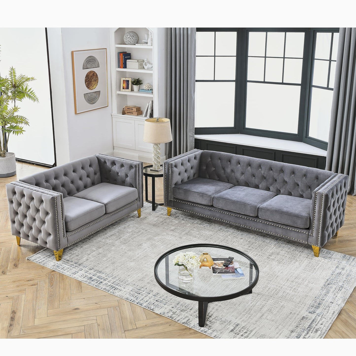 KEIKI Tufted Velvet 3+2 Seat Sofa Couch for Living Room, Buttons Tufted Square Arm Couch for Home Apartment, Gray